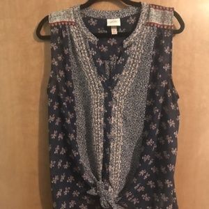 Front Knot Patterned Sleeveless Shirt XL